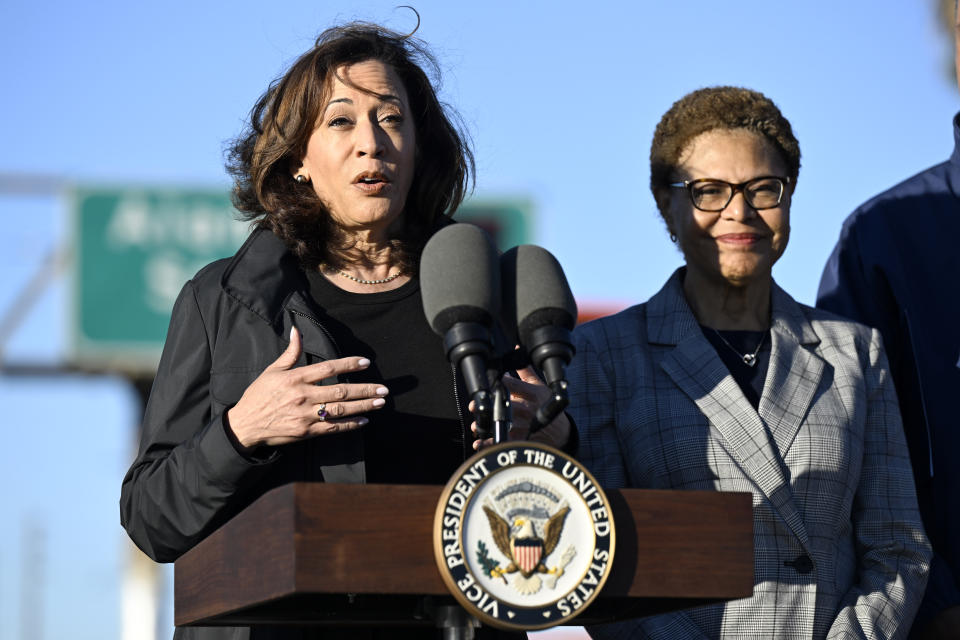 Vice President Kamala Harris, left, speaks at a news conference with Los Angeles Mayor Karen Bass about the I-10 freeway, which was closed by an underpass fire on Saturday, Nov. 11, 2023, in Los Angeles, Sunday, Nov. 19. (AP Photo/Alex Gallardo)