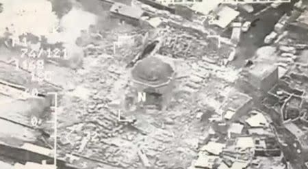 A still image taken from video shows a close up of the the destroyed Grand al-Nuri Mosque of Mosul in Iraq, June 21, 2017. Iraqi Military Handout/via Reuters TV