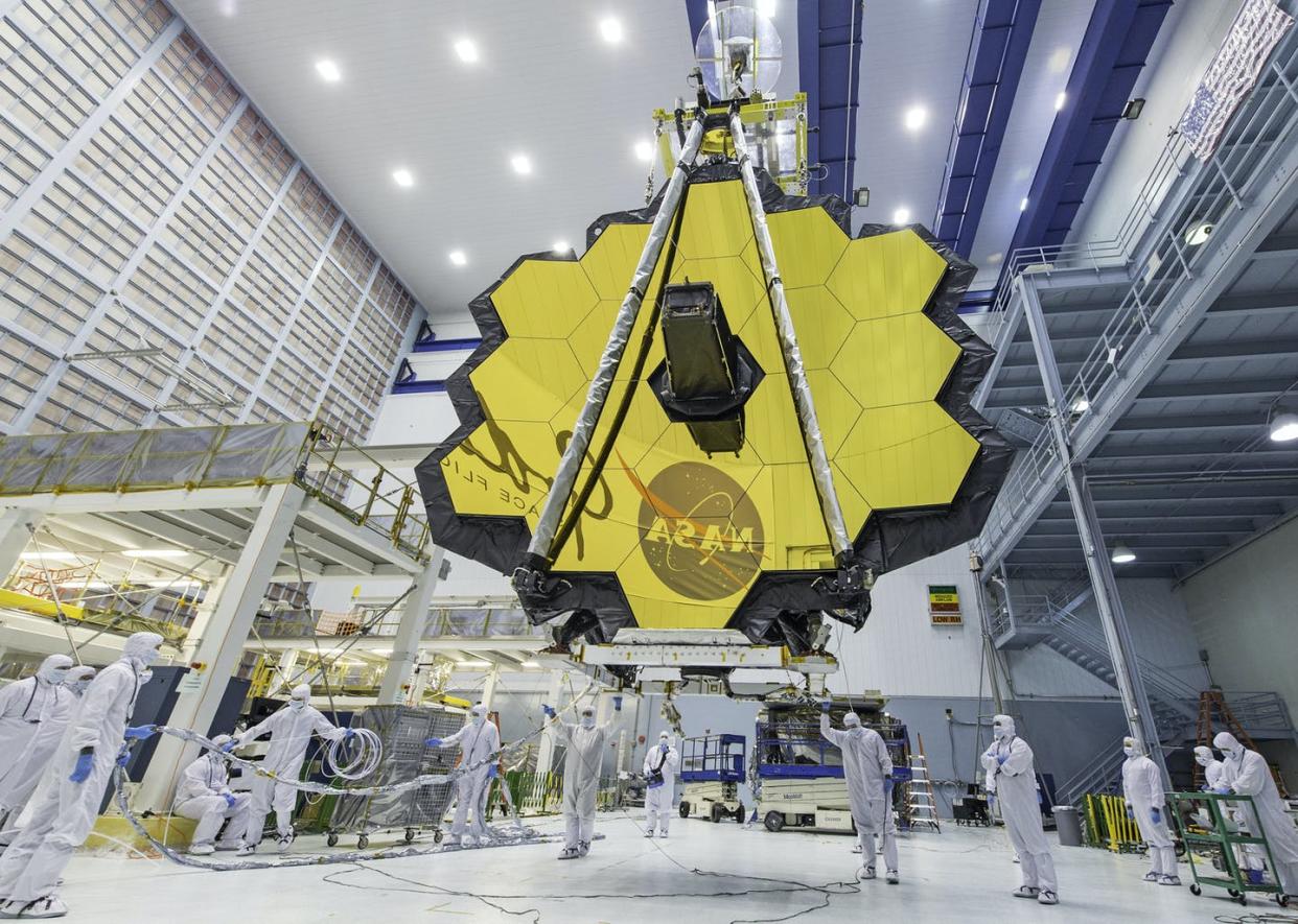 <span class="caption">The James Webb Space Telescope is the biggest orbital telescope ever built and is scheduled to be launched into space on Dec. 18, 2021.</span> <span class="attribution"><a class="link " href="https://www.flickr.com/photos/nasawebbtelescope/33433274343/in/album-72157711864921848/" rel="nofollow noopener" target="_blank" data-ylk="slk:NASA/Desiree Stover;elm:context_link;itc:0;sec:content-canvas">NASA/Desiree Stover</a>, <a class="link " href="http://creativecommons.org/licenses/by/4.0/" rel="nofollow noopener" target="_blank" data-ylk="slk:CC BY;elm:context_link;itc:0;sec:content-canvas">CC BY</a></span>
