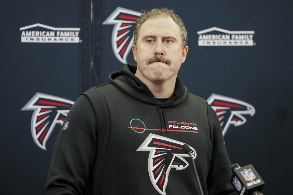 Atlanta Falcons head coach Arthur Smith speaks during a news conference after their loss against the Carolina Panthers in an NFL football game Sunday, Dec. 17, 2023, in Charlotte, N.C. (AP Photo/Rusty Jones)