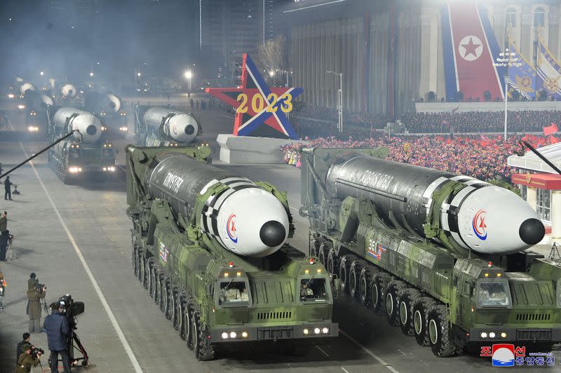 A military parade to mark the founding anniversary of North Korea's army is staged at Kim Il Sung Square in Pyongyang.