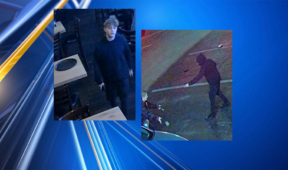 Images from security cameras at and outside of Yogi’s Bar and Grille capture a suspect wanted for aggravated robbery. (Courtesy/Columbus Division of Police)