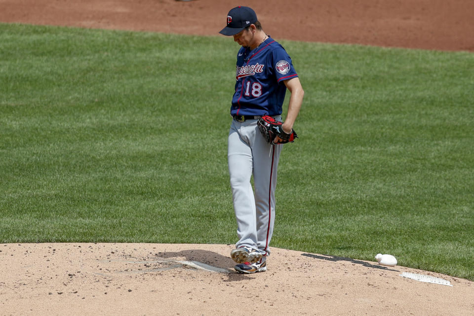 Minnesota Twins starting pitcher Kenta Maeda kicks at the pitchers mound after giving up a three-run homer to Pittsburgh Pirates' Gregory Polanco in the second inning of a baseball game, Thursday, Aug. 6, 2020, in Pittsburgh. (AP Photo/Keith Srakocic)