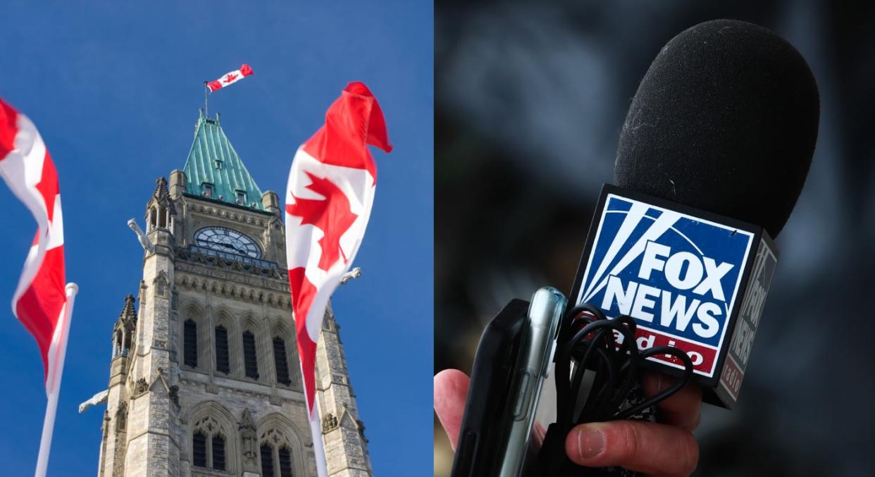 (left) Canada flags at Parliament. (right) Fox News microphone.
