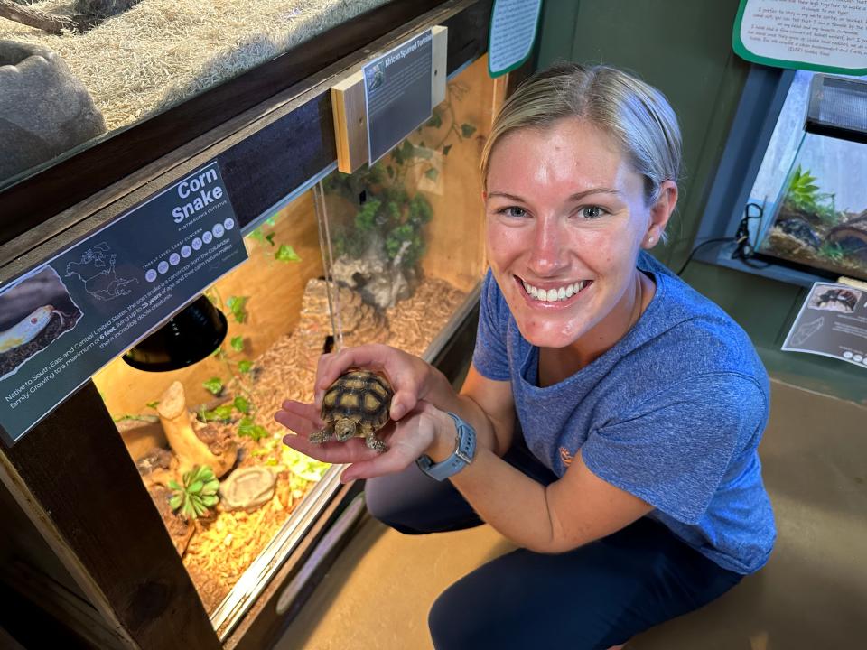 Molly Whiting, director of operations at Ecological Marine Adventures, holds an African Spurred Tortoise. She moved to the Wilmington area from Florida in September and said she loves working in Surf City.