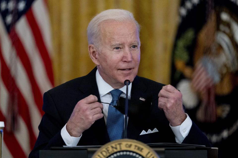 FILE - U.S. President Joe Biden speaks during a meeting on efforts to lower prices for working families, in the East Room of the White House in Washington, Jan. 24, 2022. Biden warned Ukraine's leader Thursday that there is a "distinct possibility" that Russia could attack in February. (AP Photo/Andrew Harnik, File)