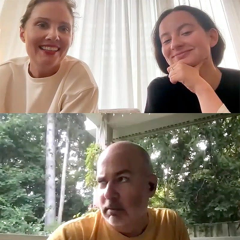 In a screenshot of a Zoom call, Triet and Turquier-Zauberman laugh as Kois makes a suspicious face.