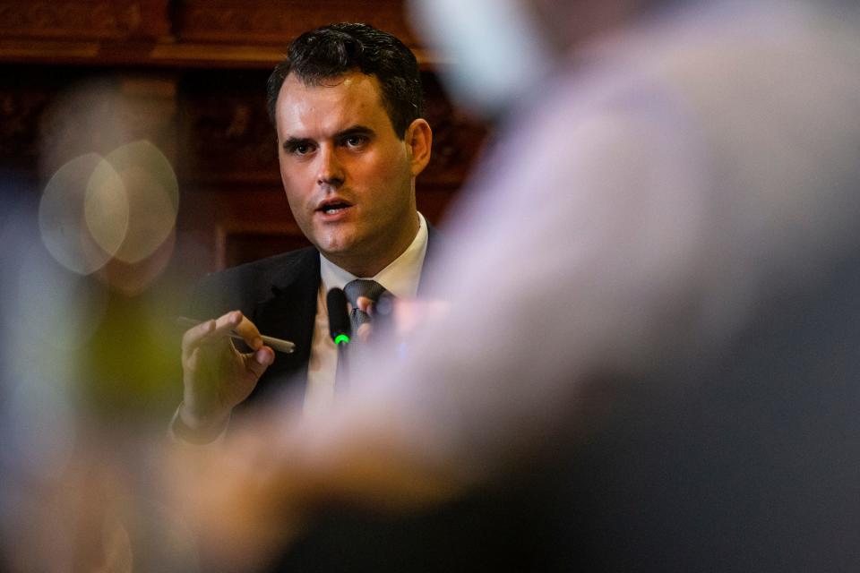 Iowa Senate Democratic Leader Zach Wahls, D-Coralville, answers questions from the media during the Iowa Capitol Press Association legislative preview forum, on Tuesday, Jan. 4, 2022, at the Iowa Capitol in Des Moines.