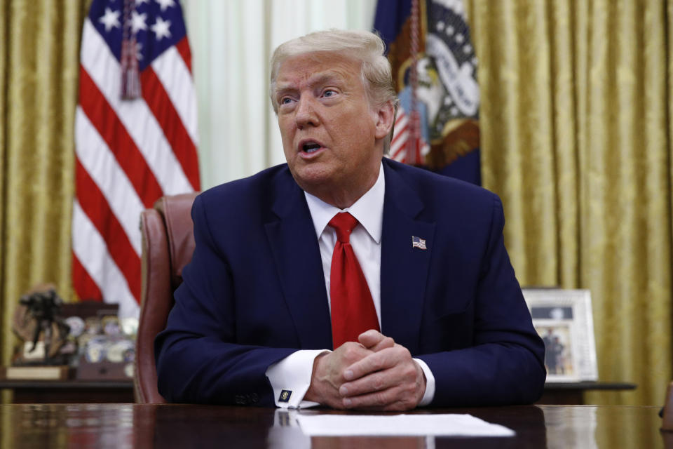 President Donald Trump speaks during a law enforcement briefing on the MS-13 gang in the Oval Office of the White House, Wednesday, July 15, 2020, in Washington. (AP Photo/Patrick Semansky)