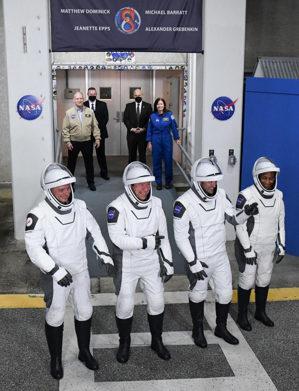 The astronauts of NASA SpaceX Crew-8 leave crew quarters at Kennedy Space Center Sunday, March 3 2024. The astronauts are headed for a six-month stay on the International Space Station. Craig Bailey/FLORIDA TODAY via USA TODAY NETWORK