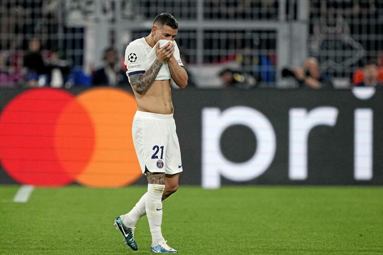 Le joueur du PSG Lucas Hernandez s'est blessé lors de la demi-finale aller de la Ligue des champions mercredi 1er mai 2024 face au Borussia Dortmund.  - Credit:Martin Meissner/AP/SIPA