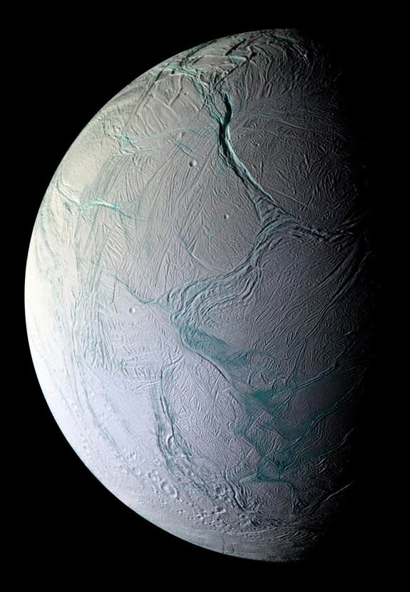 This image of the geyser-spewing Saturn moon Enceladus was taken on Oct. 5, 2008 by NASA’s Cassini spacecraft.