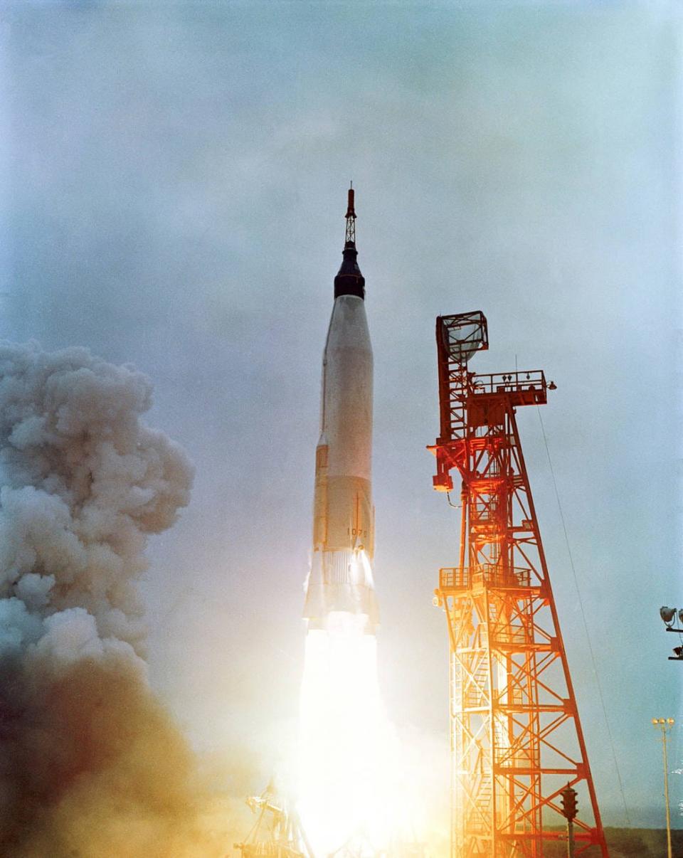Mercury astronaut Scott Carpenter lifts off from Cape Canaveral, Florida, on the Mercury Atlas 7 mission on May 24, 1962, in his Aurora 7 capsule.
