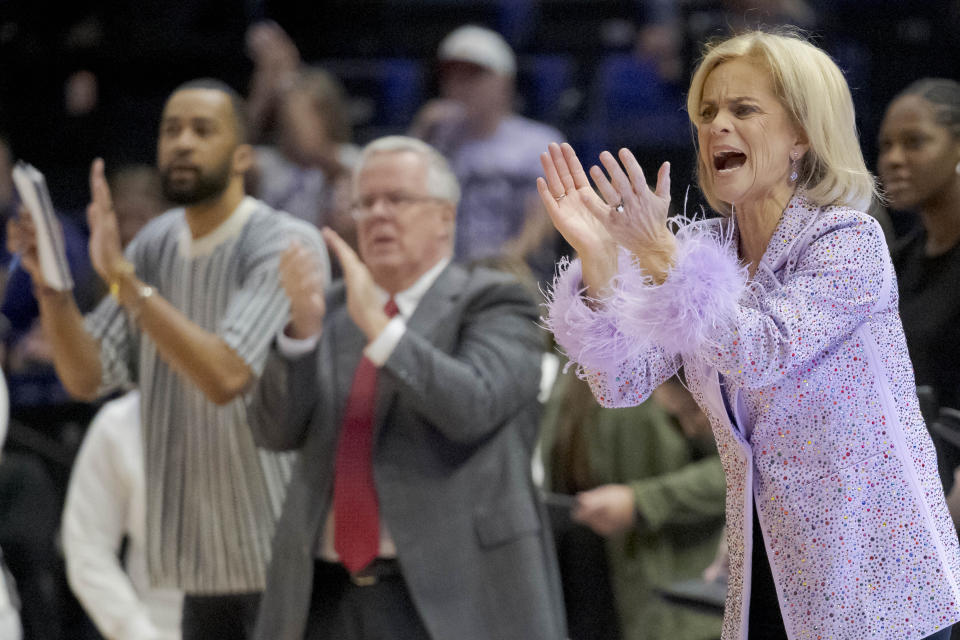 LSU head coach Kim Mulkey reacts during the first half of an NCAA basketball game against Mississippi Valley State on Sunday, Nov. 12, 2023 in Baton Rouge, La. (AP Photo/Matthew Hinton)