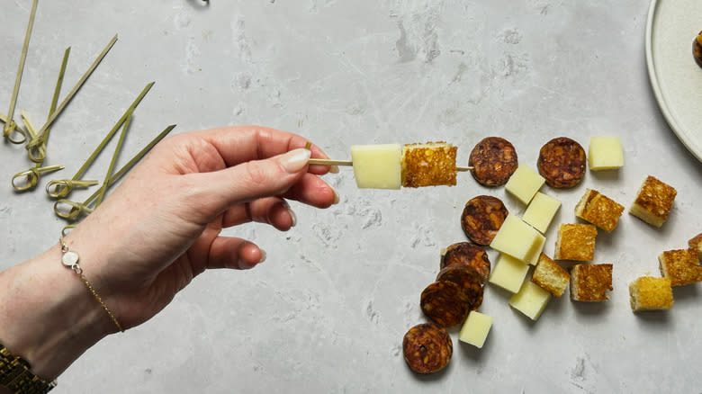 bread and cheese on skewer