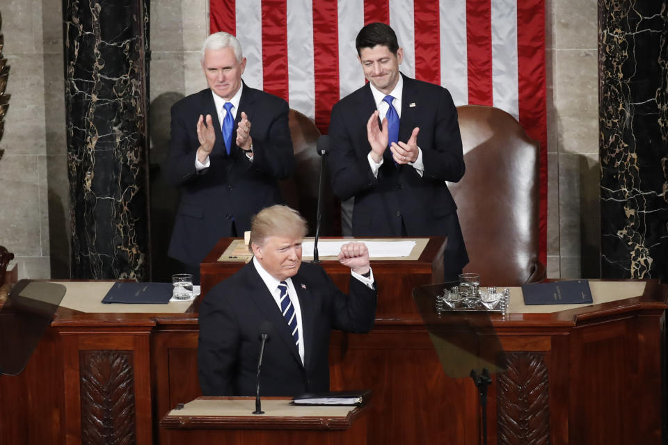 <p> In this Feb. 28, 2017, photo, President Donald Trump, flanked by Vice President Mike Pence and House Speaker Paul Ryan of Wis., gestures on Capitol Hill, before his address to a joint session of Congress. (AP Photo/Pablo Martinez Monsivais) </p>