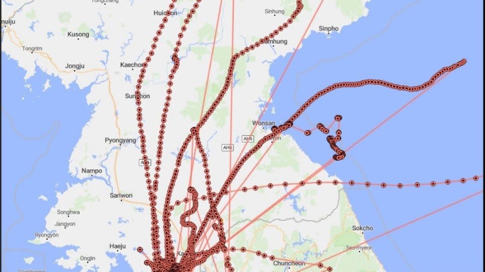 The map illustrates the tracking of smart balloons launched by the group from April 2022 to April 2024. According to Choi, wind directions become favorable for launching balloons starting in April each year. - The Committee for Reforming and Opening North Korea