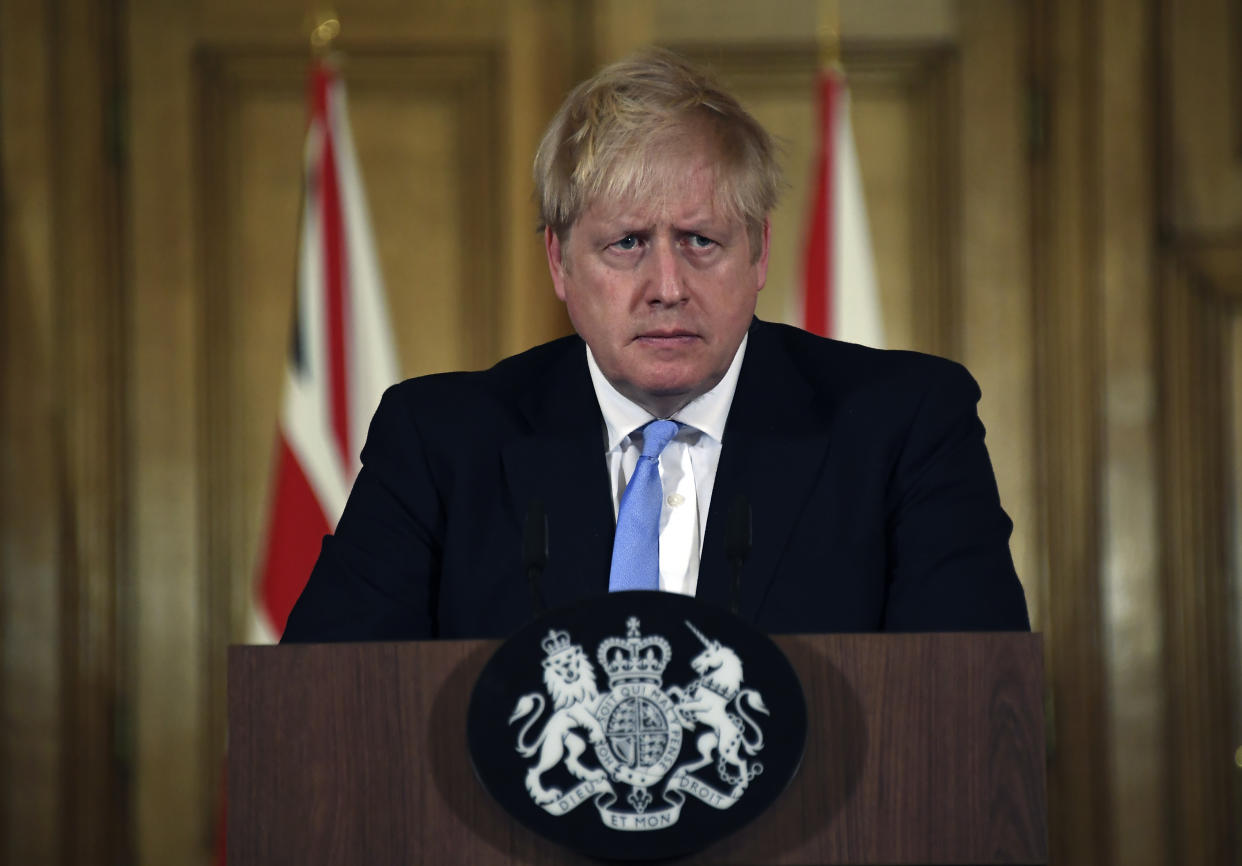 Prime Minister Boris Johnson speaks during a press conference, at 10 Downing Street, in London, on the government's coronavirus action plan.