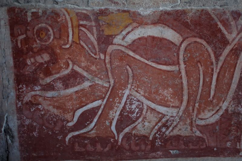 A mural fragment depicting a jaguar is seen on the walls of La Ventilla, one of the most extensively-excavated neighborhoods in the ancient ruins of Teotihuacan, in San Juan Teotihuacan