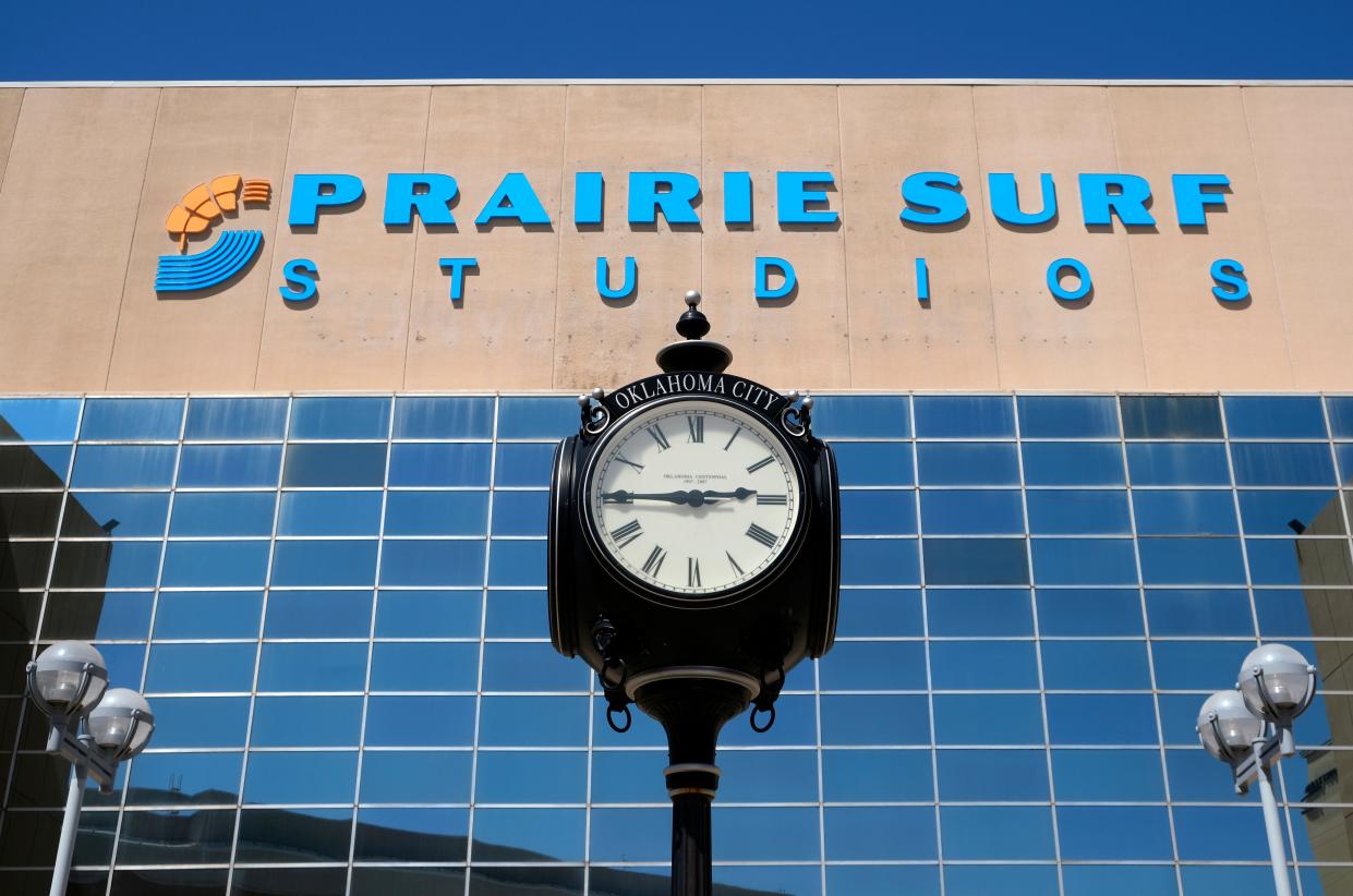 Prairie Surf Media signage is pictured April 8, 2021, on the former downtown OKC convention center.