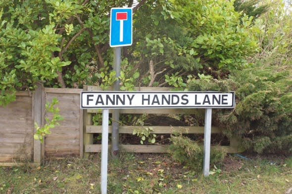 Embargoed to 0001 Tuesday February 25The street sign for Fanny Hands Lane in Ludford. Streets with rude-sounding names like Crotch Crescent, Turkey Cock Lane, Bell End and The Knob could turn out to be a haven for property hunters looking to snap up a bargain, research suggests. PRESS ASSOCIATION Photo. Issue date: Tuesday February 25, 2014. The study for website NeedaProperty.com looked for evidence of what impact living in a street with a suggestive name could have on the value of your home. Properties on streets with innuendo-laden names were found to be around one fifth or ?84,000 cheaper on average than other homes situated nearby. See PA story MONEY Streets. Photo credit should read: Lucy Bogustawski/PA Wire