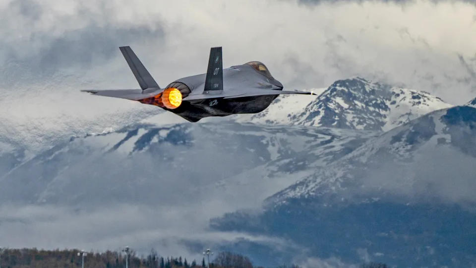 An F-35A of the 422nd Test and Evaluation Squadron, part of the 53rd Wing, takes off during Exercise Northern Edge 23 in Alaska. <em>USAF/Capt Lindsey Heflin</em>