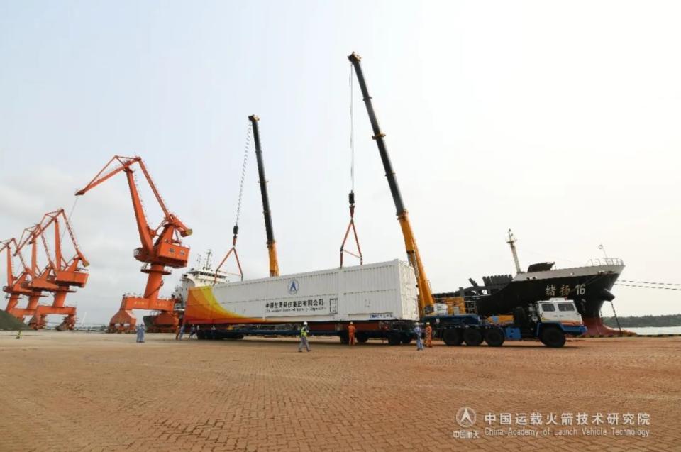 Components of the Long March 7 rocket that will launch China's Tianzhou 6 cargo mission to the Tiangong space station arrived at the Wenchang Satellite Launch Center on Hainan island on April 13, 2023.