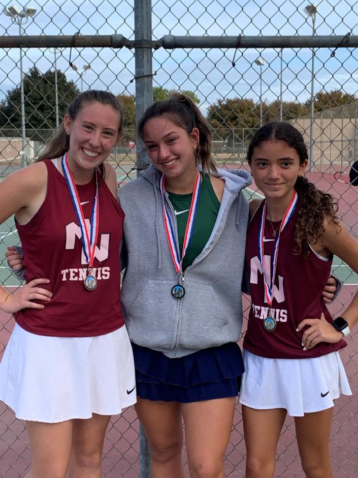 Mt. Whitney's Summer Herrera, right, won the 2021 West Yosemite League girls individual title on Oct. 20, 2021. El Diamante's Remi Perez placed second and Mt. Whitney's Brooke Ray came in third.