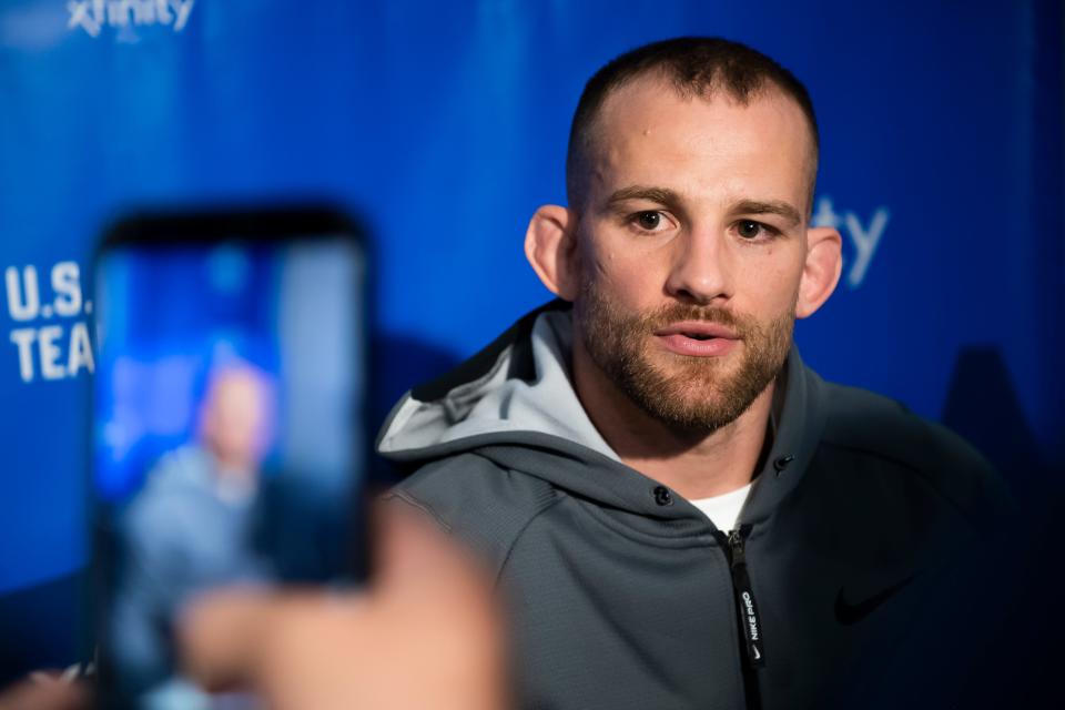 2020 defending champion David Taylor (86 kg) talks with reporters during the U.S. Olympic Team Trials Wrestling Pre-Event Press Conference at the Bryce Jordan Center April 18, 2024, in State College.