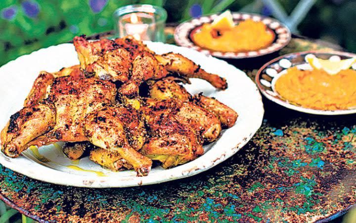 Diana Henry’s barbecued poussins with za’atar and pumpkin hummus - Credit: Laura Edwards