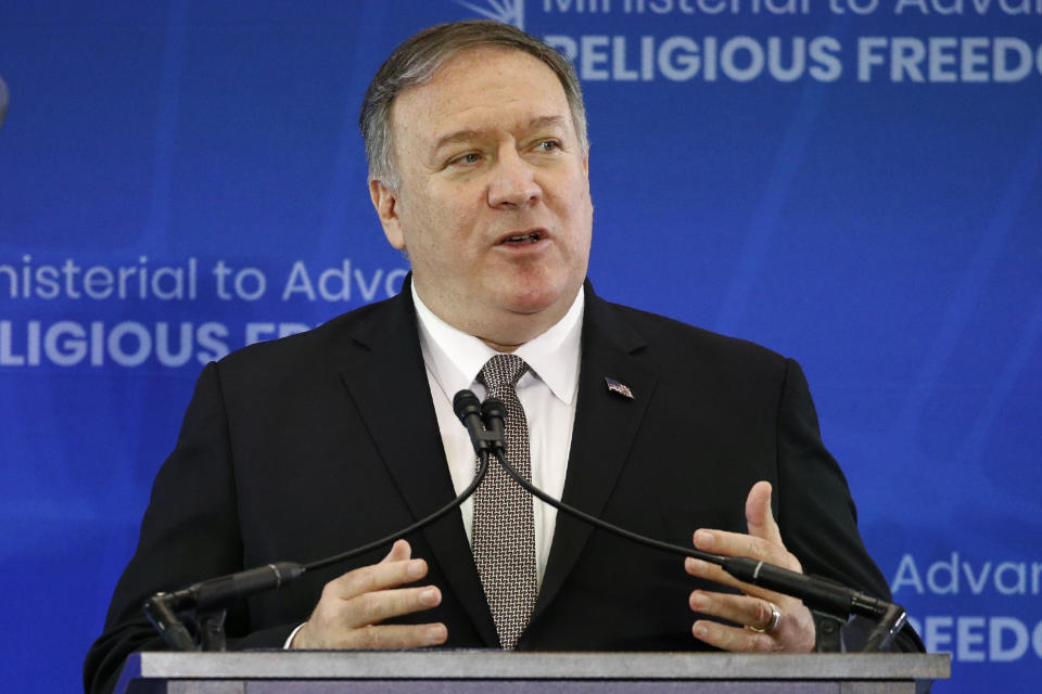 Secretary of State Mike Pompeo speaks at the Ministerial to Advance Religious Freedom, Thursday, July 18, 2019, at the U.S. State Department in Washington. (AP Photo/Patrick Semansky)