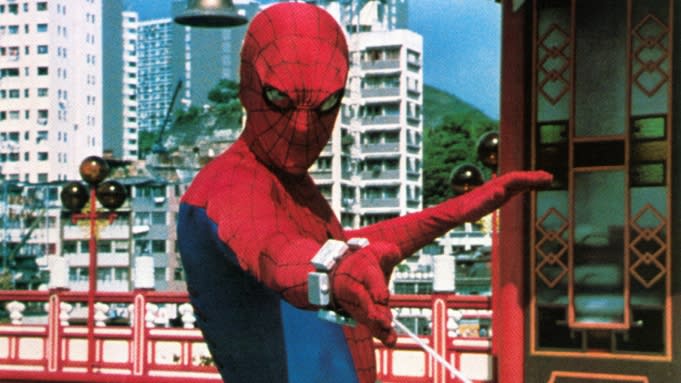 Nicholas Hammond shooting a web as the 1970s TV Spider-Man.