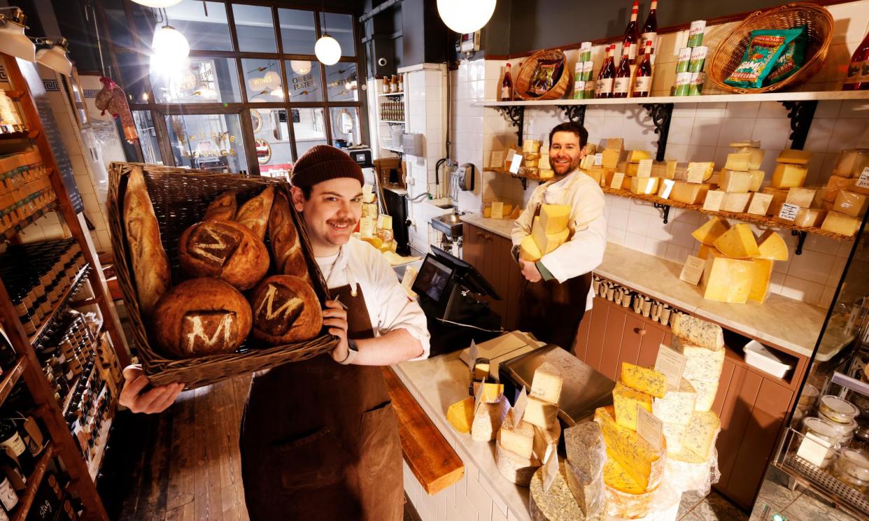 <span>George Jones (left) and Nick Kelleher at IJ Mellis Cheesemonger, Morningside, Edinburgh.</span><span>Photograph: Murdo MacLeod/The Observer</span>