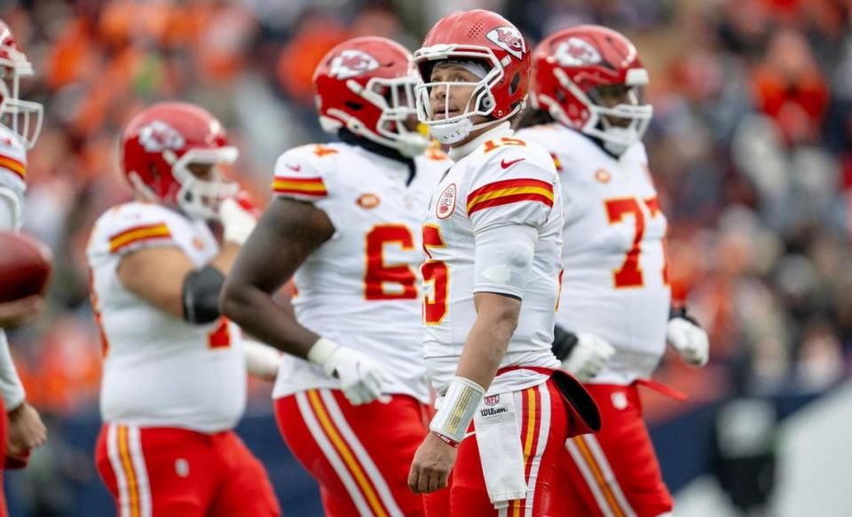 Kansas City Chiefs quarterback Patrick Mahomes (15) walks to the sideline after throwing an interception during an NFL football game against the Denver Broncos at Empower Field at Mile High on Sunday, Oct. 29, 2023, in Denver.