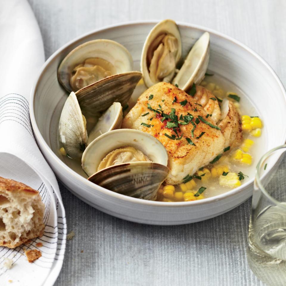 Ten Minute Salt Cod with Corn and Littleneck Clams. Photo © Anna Williams