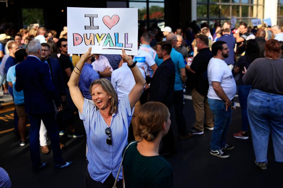 Kathi Vodenicker holds up a sign supporting "ALL," including the LGBTQ+ community, Tuesday, May 3, 2022 at the Duval County Public Schools building in Jacksonville. Hundreds came out to support, protest and speak during the Duval County School Board meeting about their support and disappointment with the State of Florida's Parental Rights in Education Bill ‰ÛÒ who Gov. Ron DeSantis signed the bill into law ‰ÛÒ and overhaul the school district's current LGBTQ+ Support Guide. "We need more justice, we need more equity, we need to be able to communicate," Vodenicker said. "DeSantis does not represent all of Florida." 