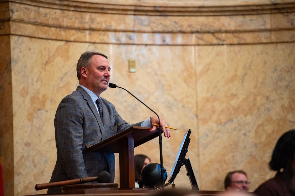 Speaker Jason White, R-West, speaks during a House meeting at the Mississippi State Capitol in Jackson on Monday. White has proposed a plan to expand Medicaid by allowing the Mississippi voters to make the call this November election.
