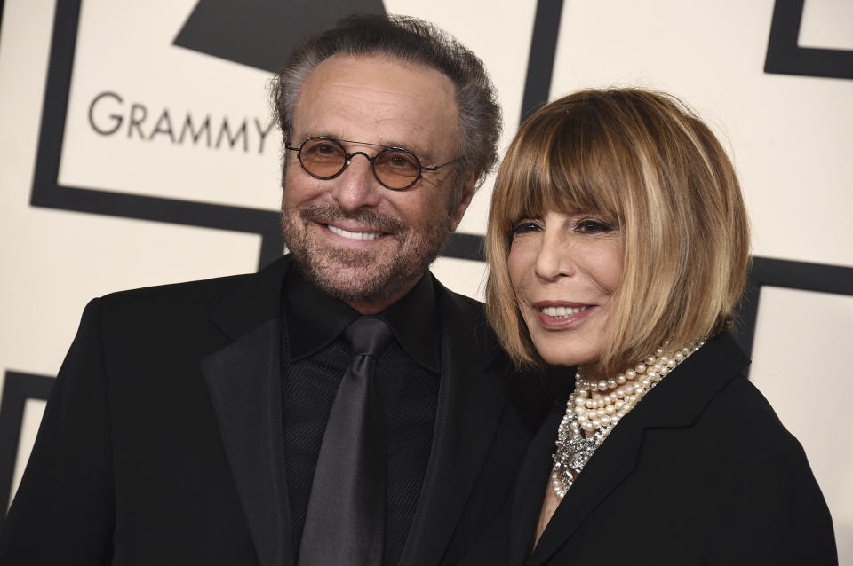 FILE - Barry Mann, left, and Grammy-winning lyricist Cynthia Weil pose for a picture at the 57th annual Grammy Awards at the Staples Center on Sunday, Feb. 8, 2015, in Los Angeles. Weil was honored by family, friends and her fellow musicians during a memorial Sunday, June 11, 2023, in Southern California. Weil, who enjoyed a decades-long partnership with husband Mann and helped compose hits including "You've Lost That Lovin' Feeling," "On Broadway" and "Walking in the Rain" died June 8 at age 82. (Photo by Jordan Strauss/Invision/AP, File)