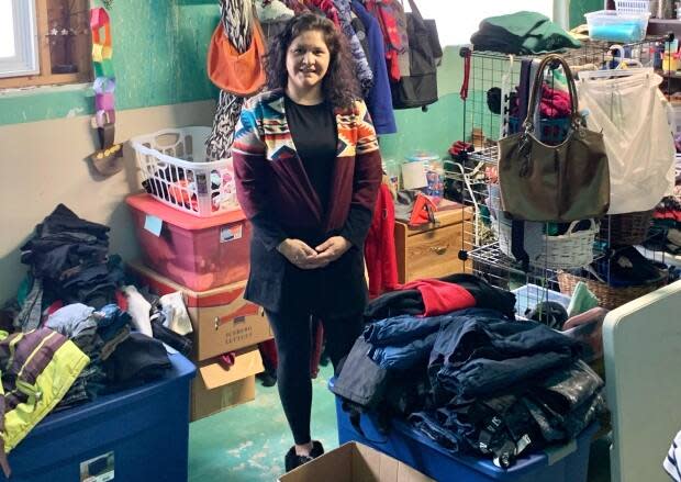 Amanda McArthur operates Rosie's Recycled Treasures, an exchange for gently used clothing, out of her basement on White Bear First Nation. (Submitted by Amanda McArthur - image credit)