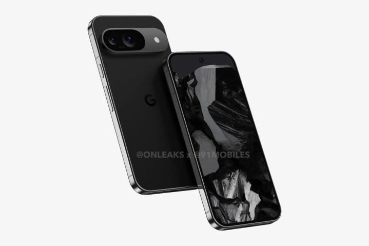 A render of the Google Pixel 9 smartphone in black.