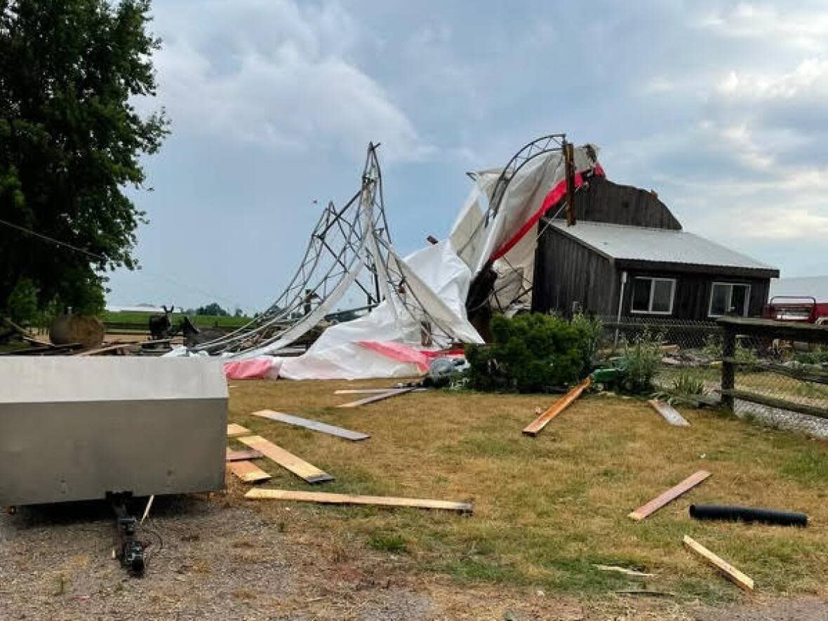 This image shows what remains of a large fabric cover damaged in Wednesday's storm near Thedford, Ont. Just before 7 p.m. ET, a severe storm touched down, shearing limbs from trees in the community about 60 kilometers northwest of London. (Submitted by Jenny Schoeley - image credit)