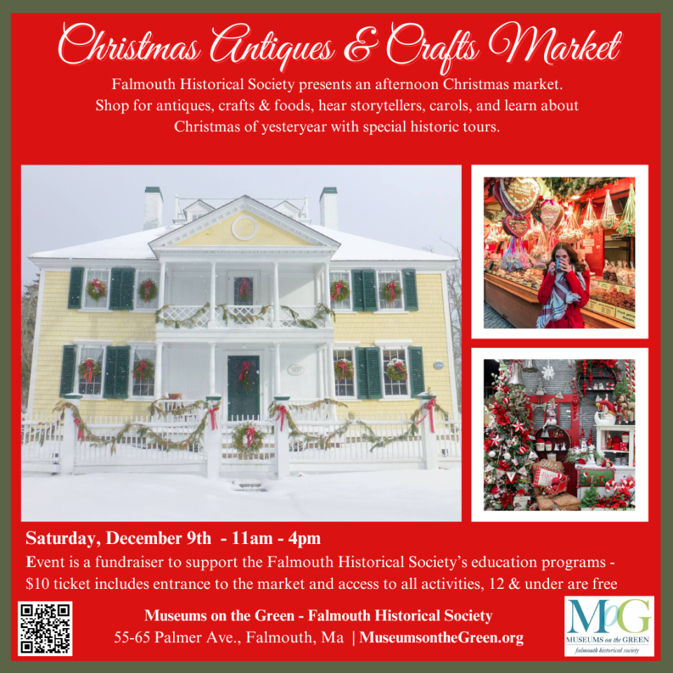 Poster for Falmouth Museums on the Green's Christmas Antiques and Crafts Market.