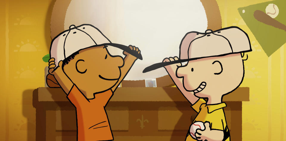 This image released by Apple TV+ shows Peanuts characters Charlie Brown, right, and Franklin in a scene from the animated special “Snoopy Presents: Welcome Home, Franklin," premiering Friday. (Apple TV+ via AP)