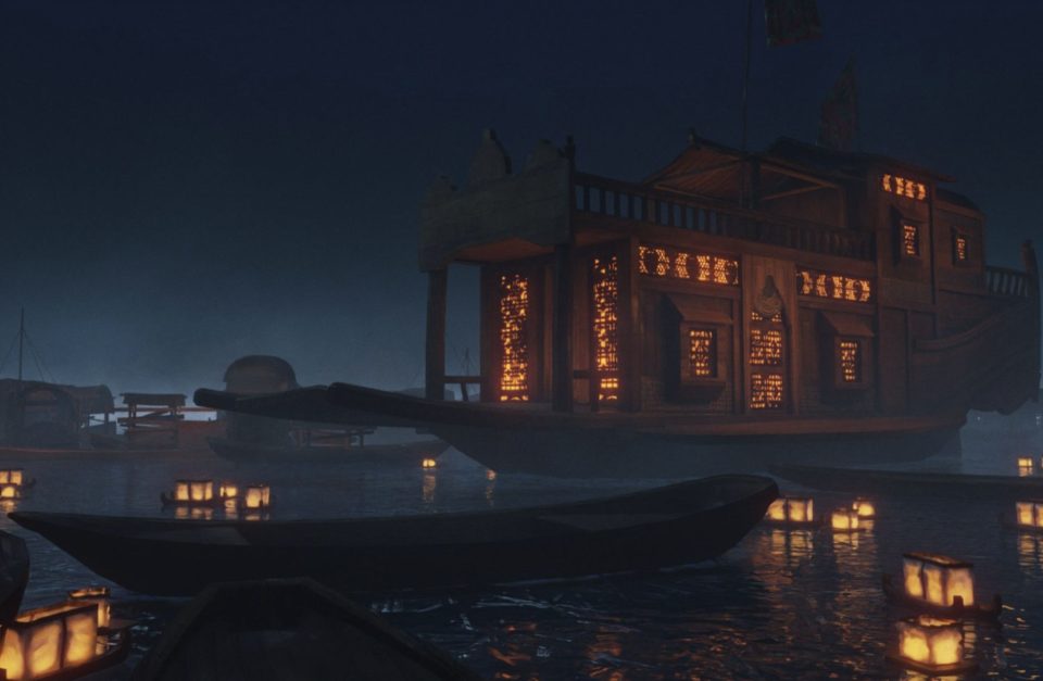 A screenshot from The Pirate Queen, showing a decorated ship with a warm glow emanating from its windows.  The ship is on a body of water with some floating lanterns.