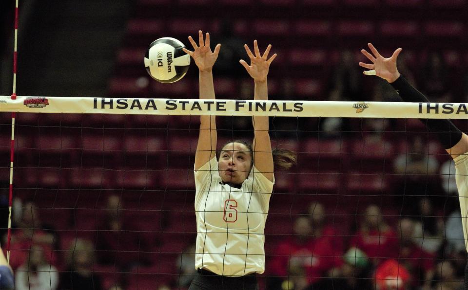 Wapahani volleyball's Sophia Beeson goes up for a block during the IHSAA Class 2A state championship at Ball State's Worthen Arena Saturday, Nov. 5, 2022. Wapahani defeated Linton-Stockton 3-1.