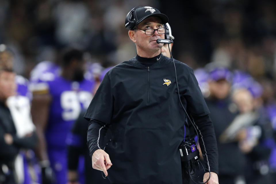 Minnesota Vikings head coach Mike Zimmer walks on the sideline in the first half of an NFL wild-card playoff football game against the New Orleans Saints, Sunday, Jan. 5, 2020, in New Orleans. (AP Photo/Brett Duke)