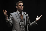 FILE - In this Oct. 19, 2017, file photo, Richard Spencer, a white supremacist, speaks at the University of Florida in Gainesville, Fla. Spencer has dubbed Bitcoin the “currency of the alt-right.” (AP Photo/Chris O'Meara, File)