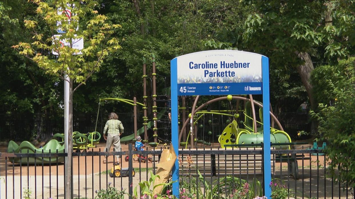 Tiverton Parkette, near Dundas Street E. and Logan Avenue, was officially renamed Caroline Huebner Parkette on Saturday. The mother of two was killed in a brazen daylight shooting after being hit with a stray bullet while walking in Leslieville in July 2023.   (Prasanjeet Choudhury/CBC - image credit)