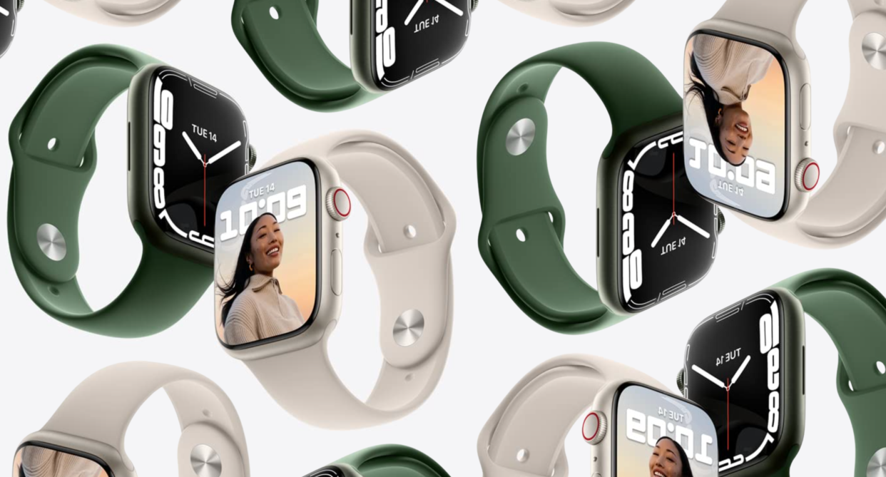 collage of green and white banded apple watch series 7, Save 30 per cent on the Apple Watch Series 7 during Amazon Canada's first-ever Prime Early Access Sale (Photos via Amazon)