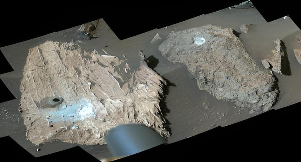 'Cheyava Falls' (left) shows the dark hole where NASA’s Perseverance took a core sample; the white patch is where the rover abraded the rock to investigate its composition.